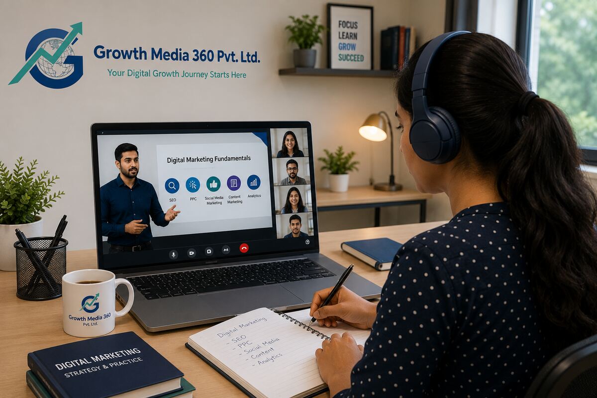 A student attending a live Digital Marketing Fundamentals online class with Growth Media 360, taking notes at her desk