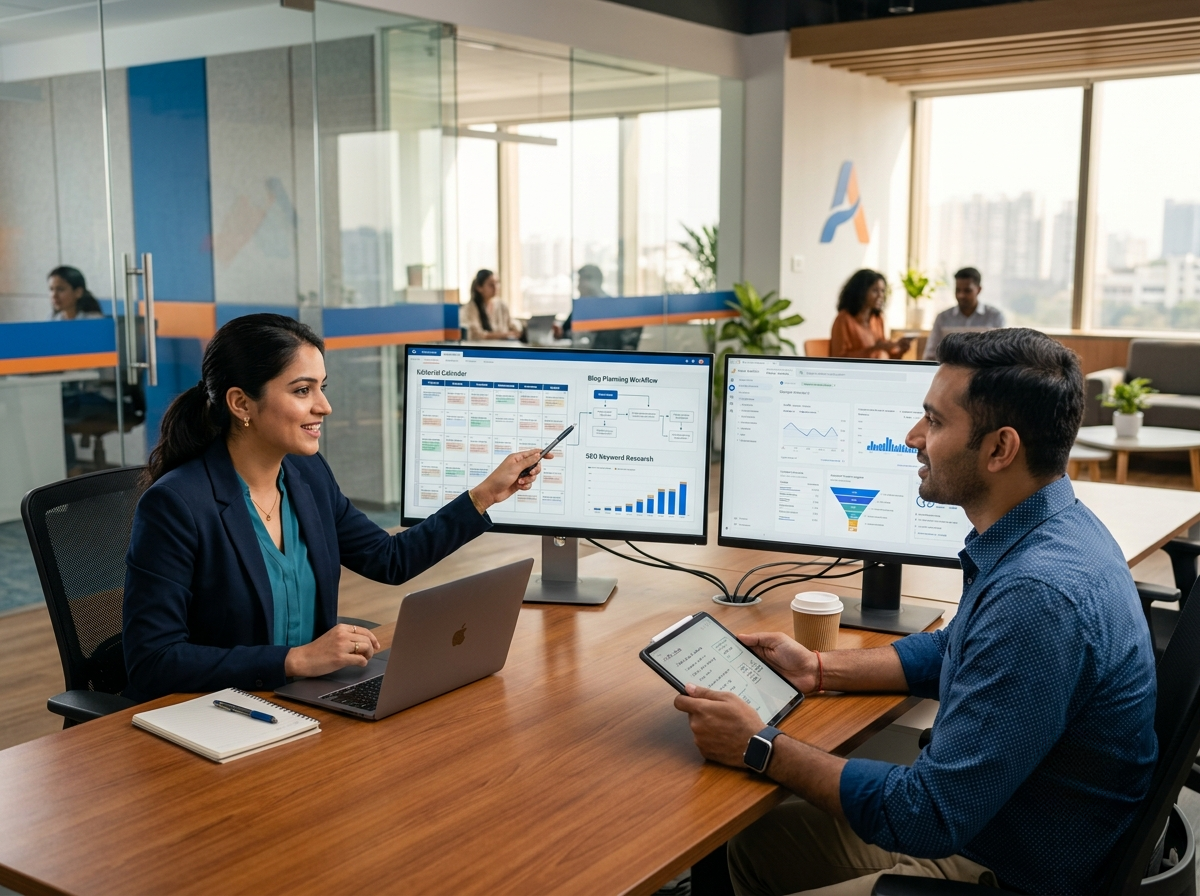 Growth Media 360 content marketing team planning blog and website content for a Hyderabad business