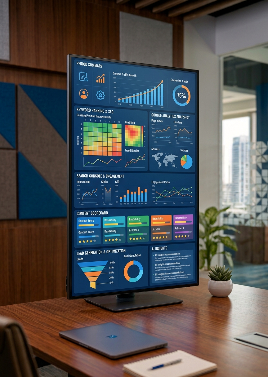 Content marketing client report showing organic traffic, rankings and engagement performance