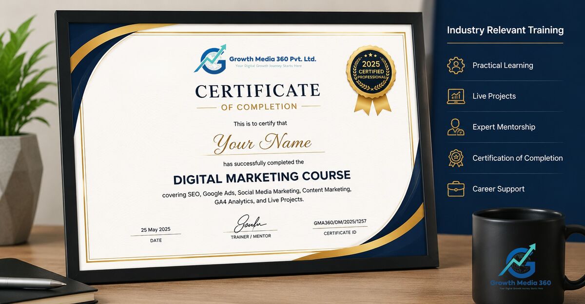 Growth Media 360 Digital Marketing Course completion certificate covering SEO, Google Ads, Social Media Marketing, Content Marketing, and GA4 Analytics