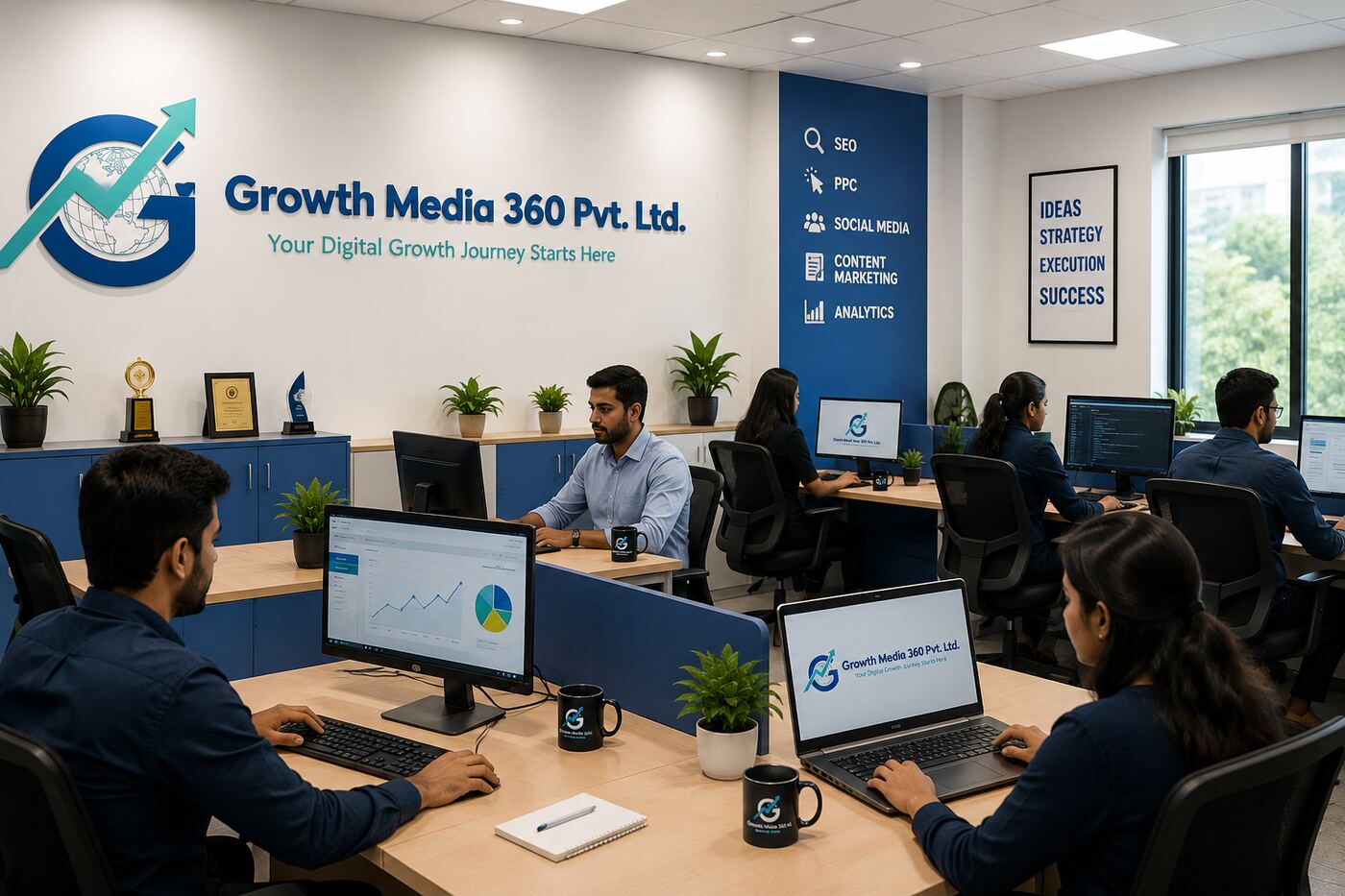 Growth Media 360 office team working at their desks in Hyderabad, with company awards displayed on the shelf
