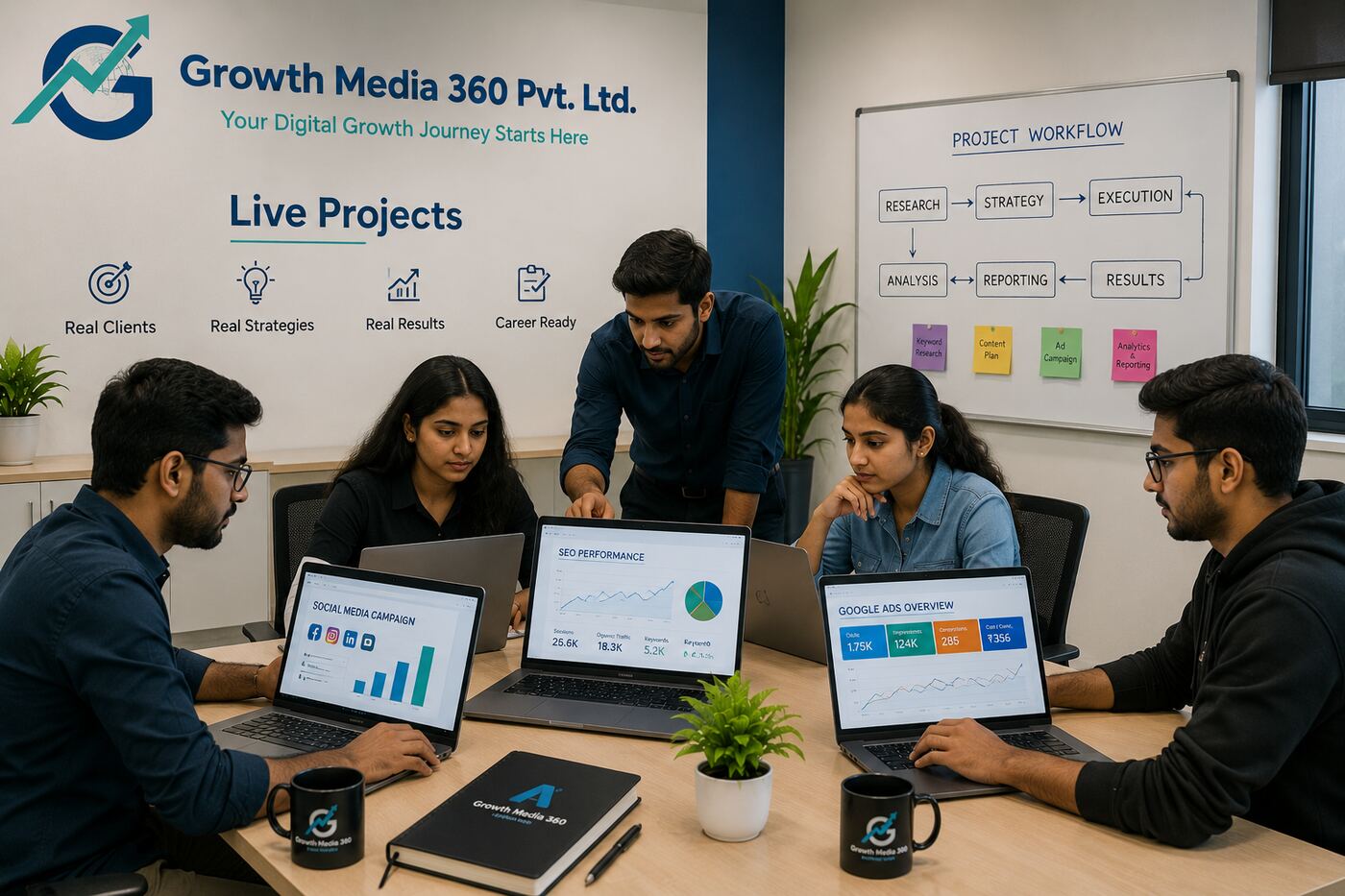 Growth Media 360 students and mentor reviewing live SEO, social media, and Google Ads campaign dashboards during a project review