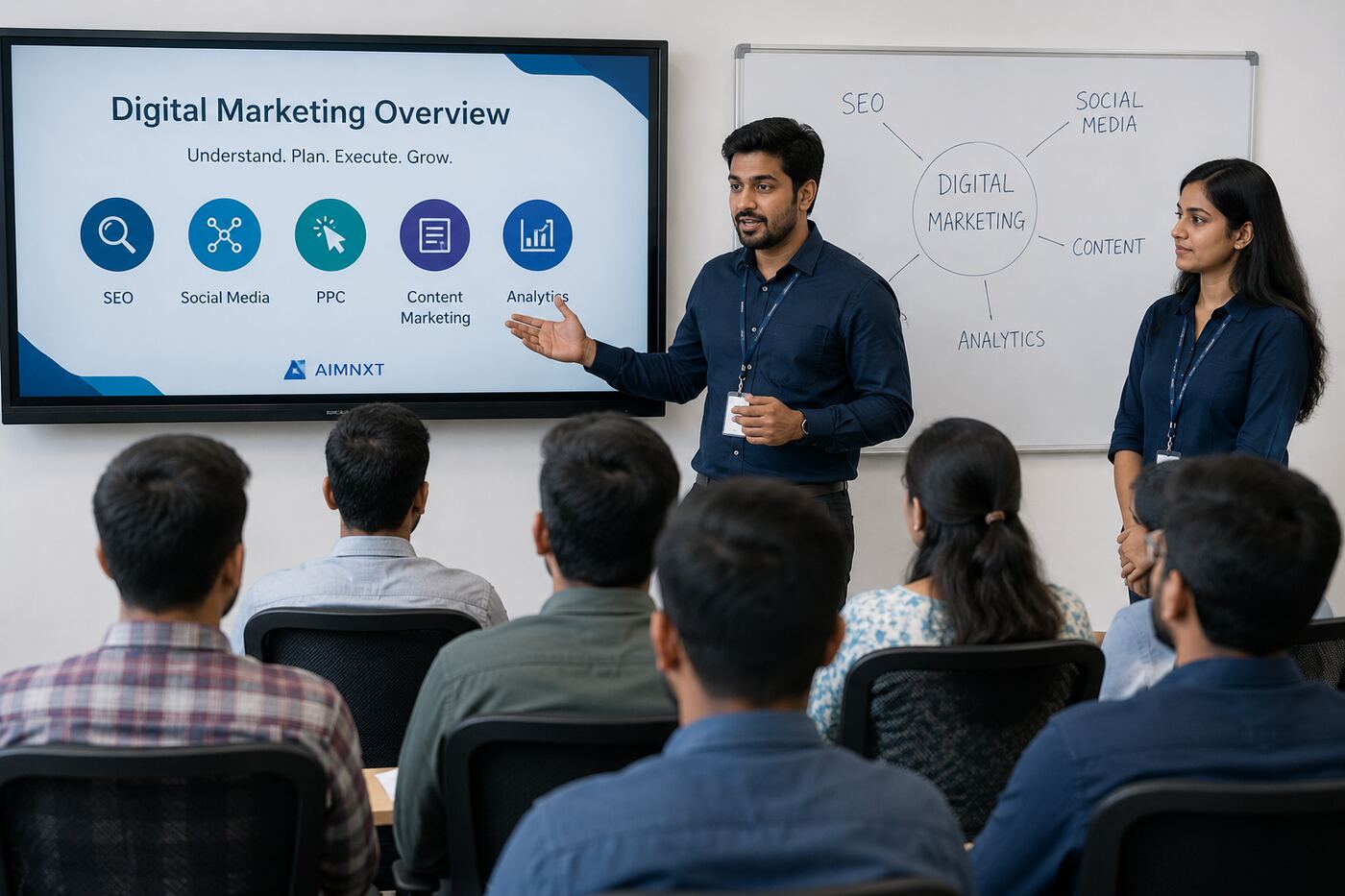 Growth Media 360 trainer explaining digital marketing fundamentals covering SEO, Google Ads, social media, content strategy, and analytics to a classroom of students