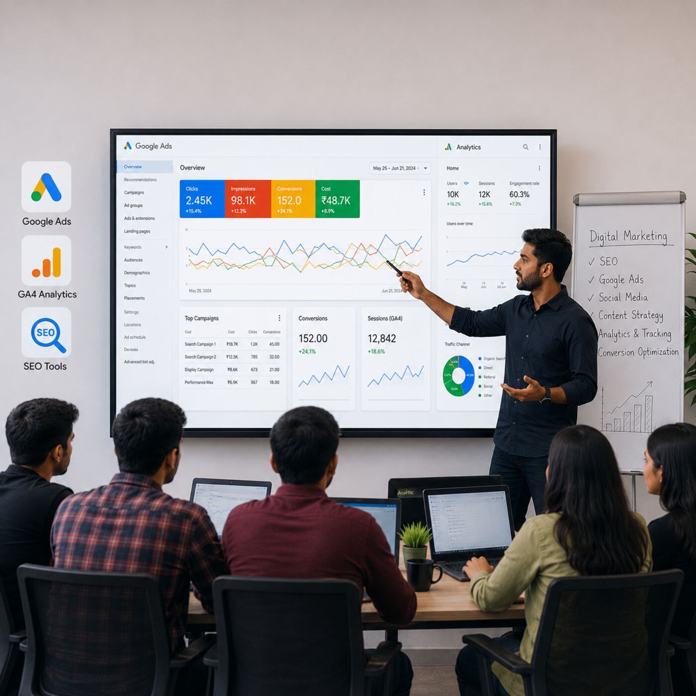 Growth Media 360 trainer teaching a live Google Ads and analytics session to digital marketing course students in Hyderabad