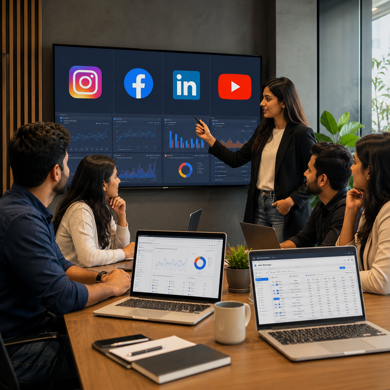Growth Media 360 team presenting Instagram, Facebook, LinkedIn and YouTube performance dashboards for a Hyderabad brand