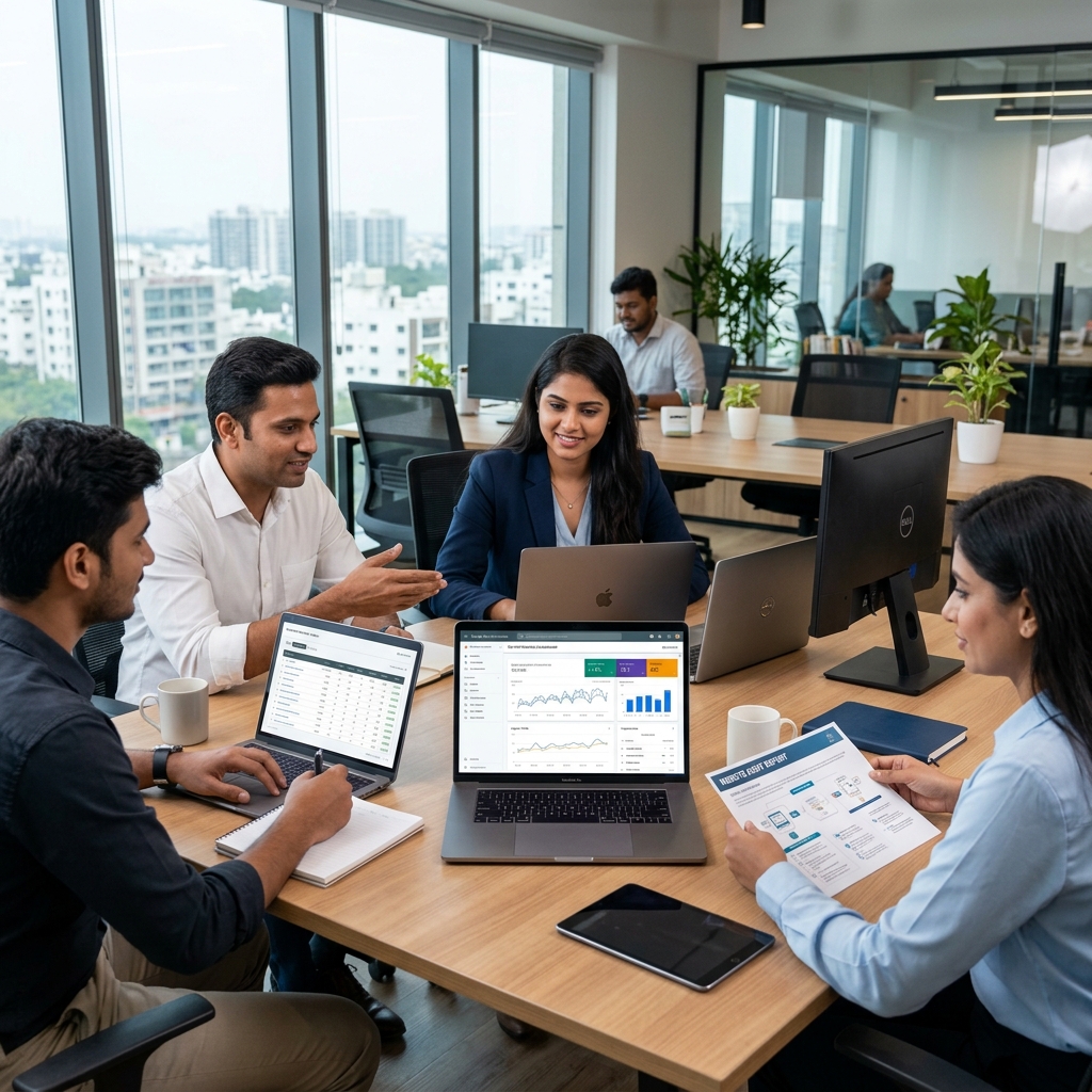 Growth Media 360 SEO team reviewing website growth report for a Hyderabad business