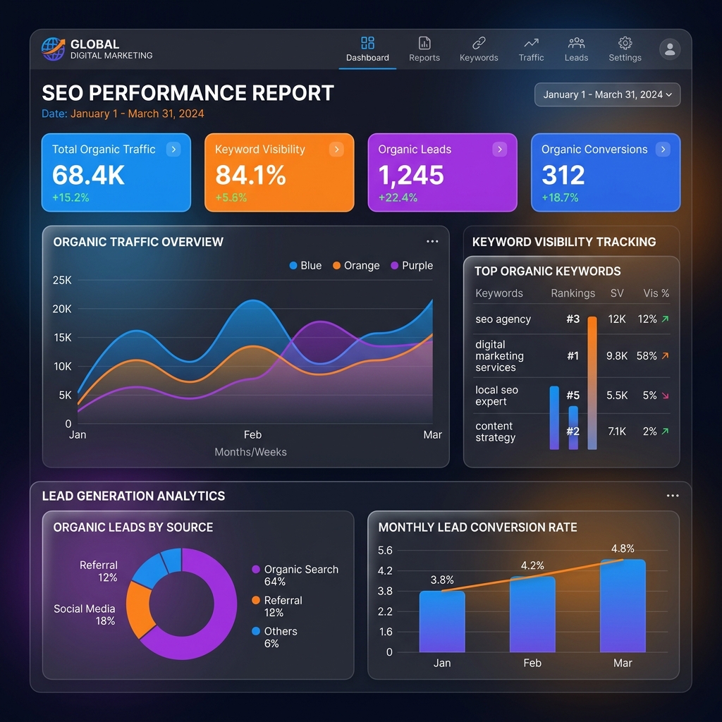 SEO performance report showing organic traffic, keyword visibility and enquiry tracking